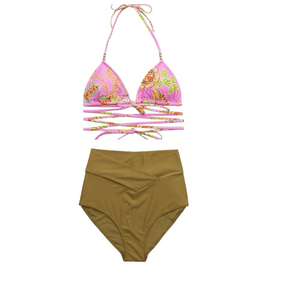 NEW Aerie Pink wrap triangle bikini top and Crossover High Waisted Bikin…